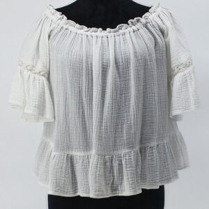 White Cotton Gauze Off Shoulder Peasant Top Boho Lace Bell Sleeve Ruffle Small